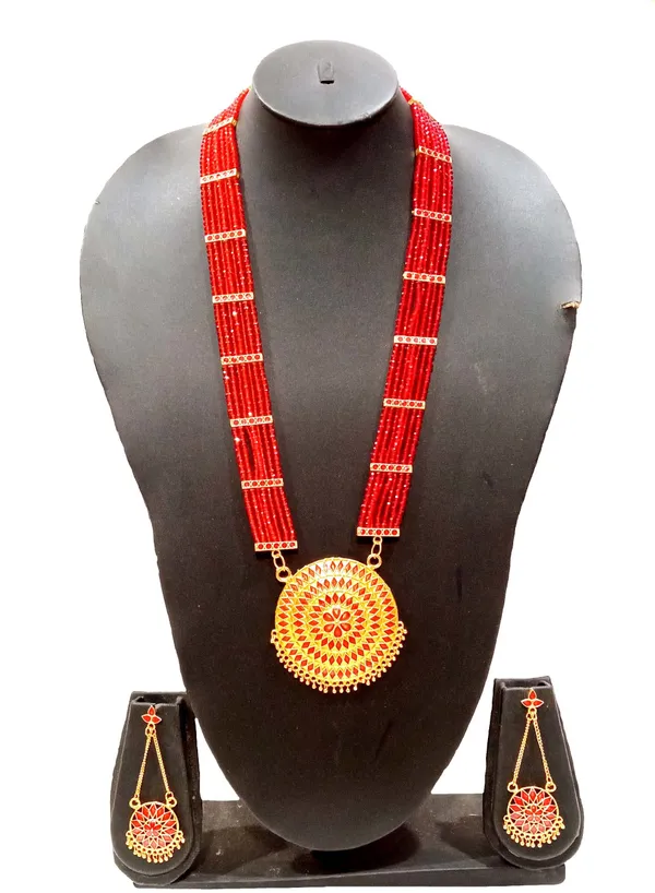 Assamese_Traditional_Gold_Plated_Red_Colour_Japi_Tassel_Jewellery_Set_For_Women